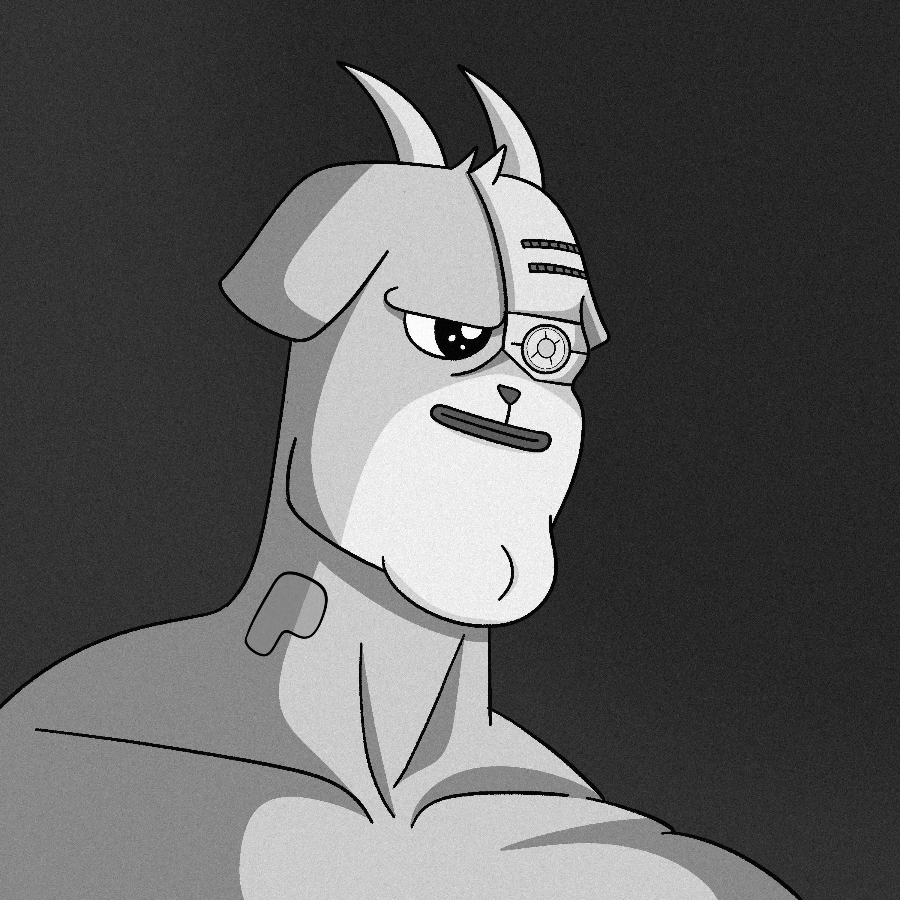 Monochrome profile of Ponsti as a muscular horned cyber-dog