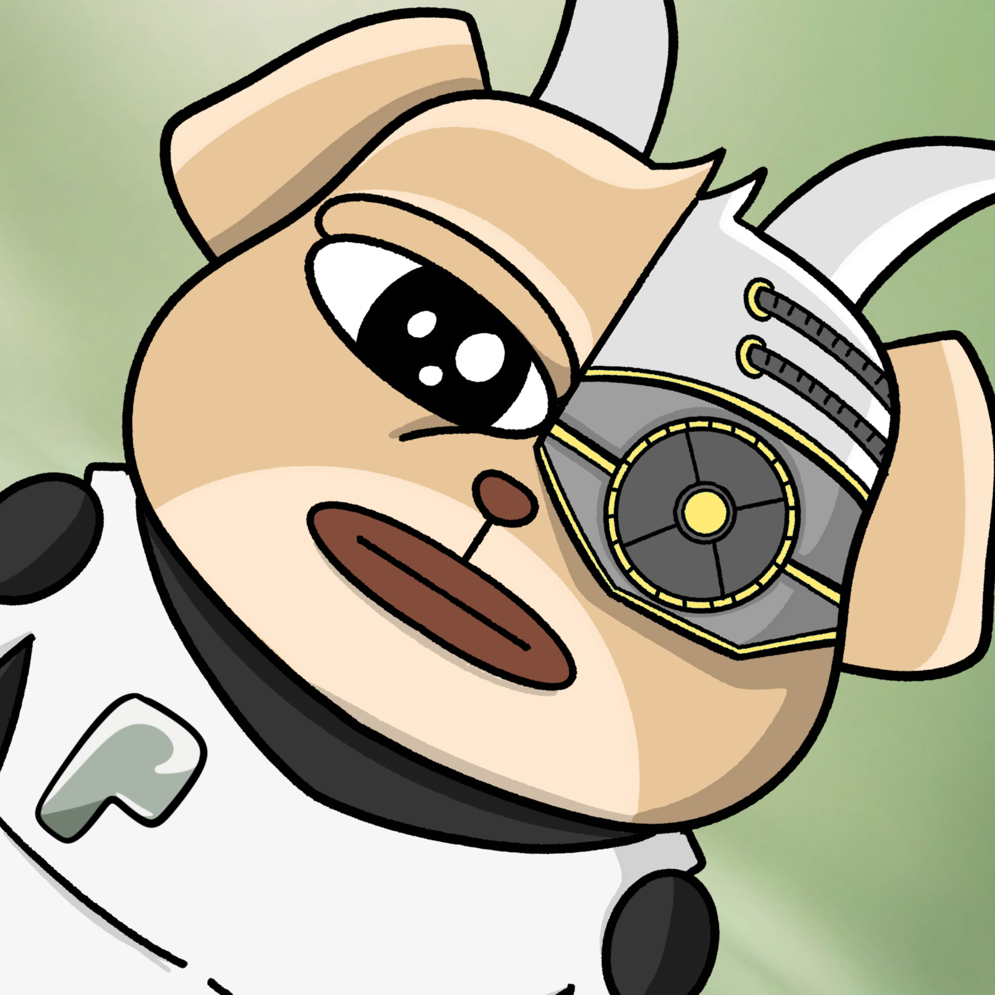 Close-up of Ponsti's face and glowing yellow cybernetic eye