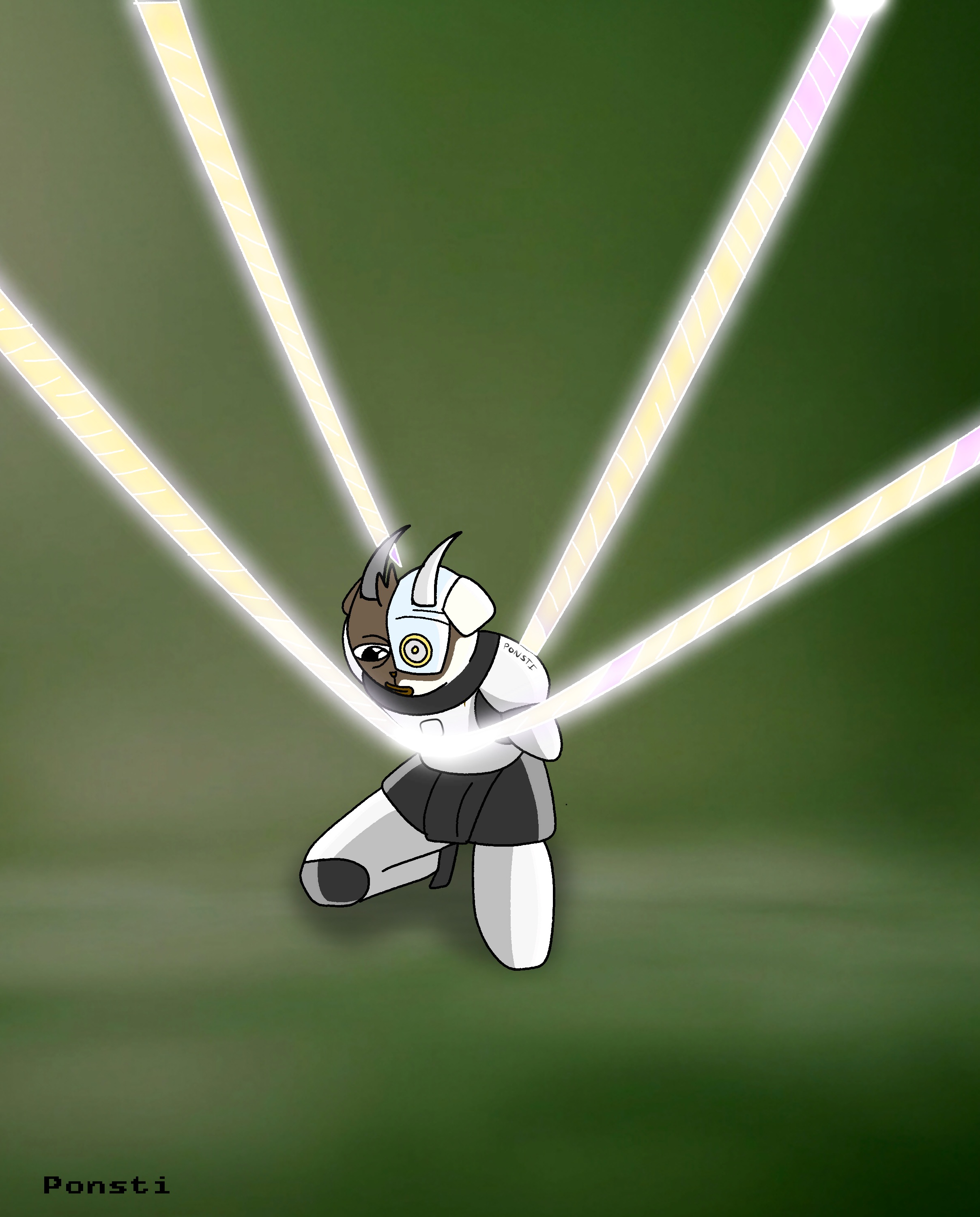 Ponsti kneeling as light beams streak across space